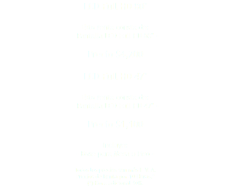 LCD Full HD 80" Esta renta consta de: - Pantalla LCD Full HD 80" - Precio $4,200 LCD Full HD 47" Esta renta consta de: - Pantalla LCD Full HD 47" - Precio $1,100 Incluye: - Base para Mesa o Piso - Todos los precios son más I. V. A. Precios de Renta por 10 Horas.* (*) Hora adicional 10%. 